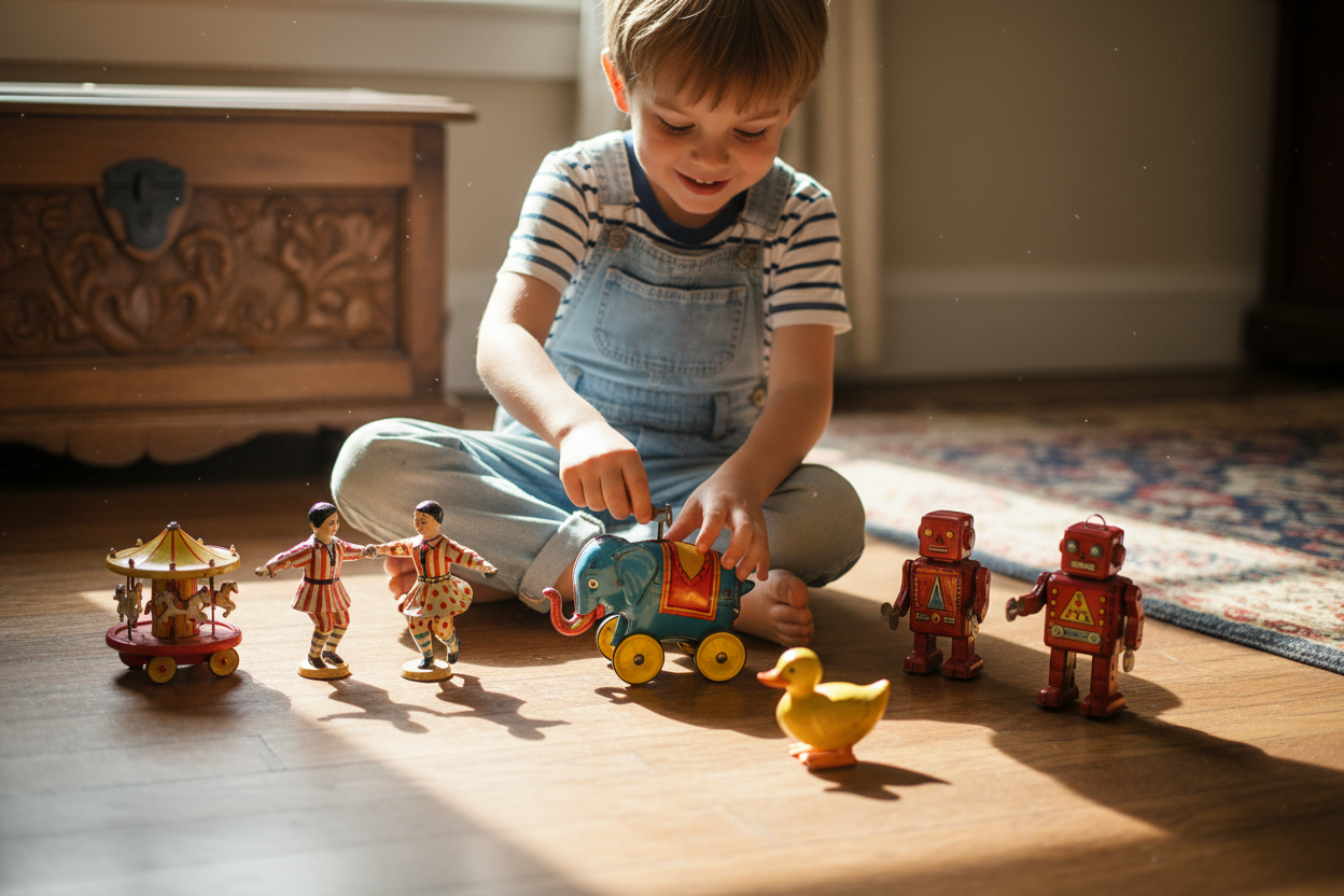 Kid playing with wind-up dolls